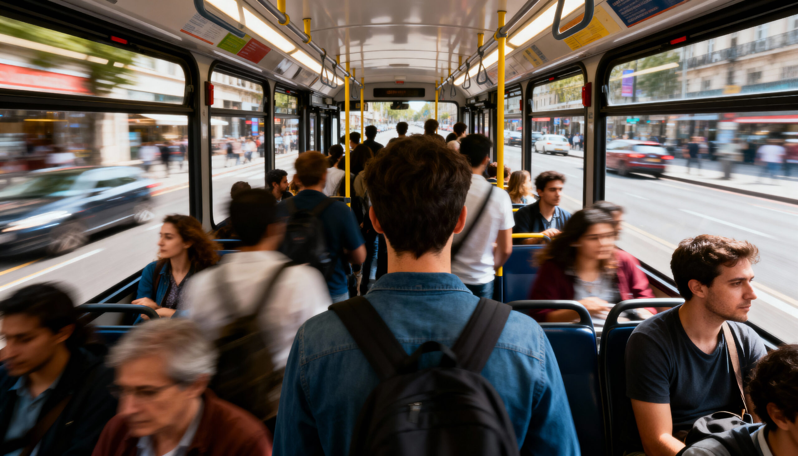 Ein junger Mann mit Rucksack von hinten, der in einem Bus steht.